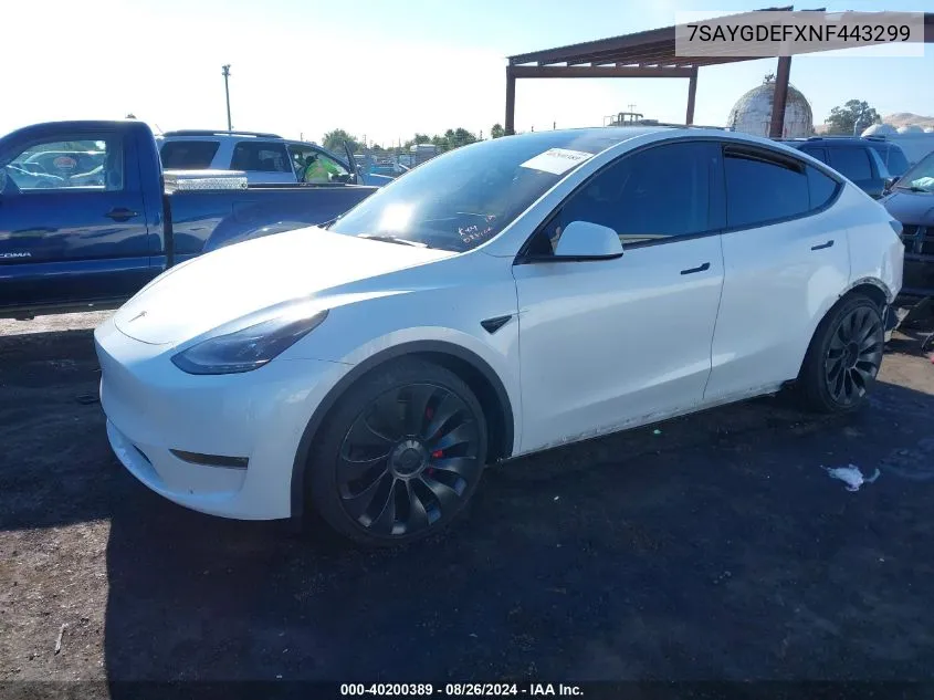 2022 Tesla Model Y Performance Dual Motor All-Wheel Drive VIN: 7SAYGDEFXNF443299 Lot: 40200389