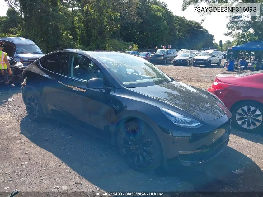 2022 Tesla Model Y Long Range Dual Motor All-Wheel Drive VIN: 7SAYGDEE3NF316093 Lot: 40212480