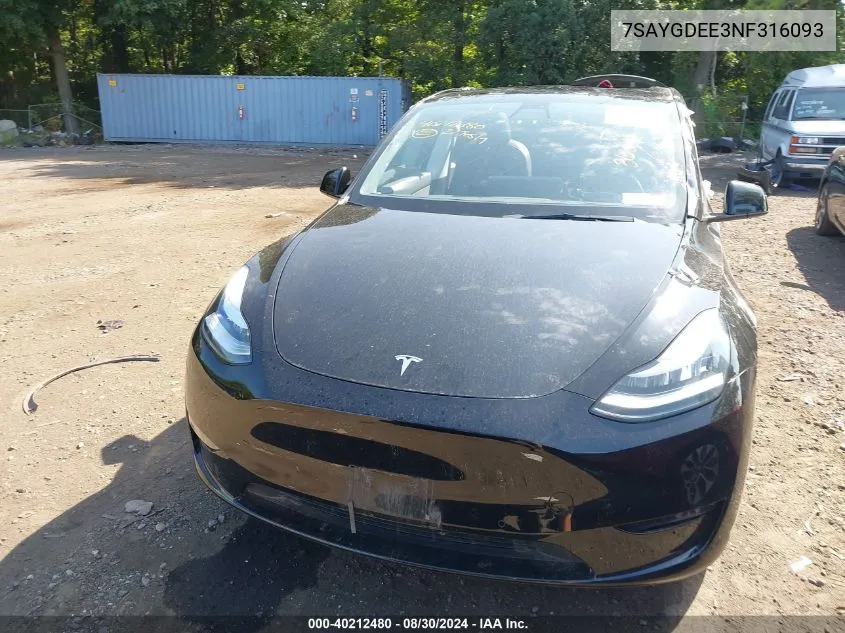 2022 Tesla Model Y Long Range Dual Motor All-Wheel Drive VIN: 7SAYGDEE3NF316093 Lot: 40212480