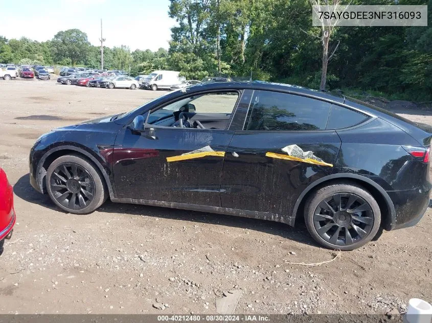 2022 Tesla Model Y Long Range Dual Motor All-Wheel Drive VIN: 7SAYGDEE3NF316093 Lot: 40212480