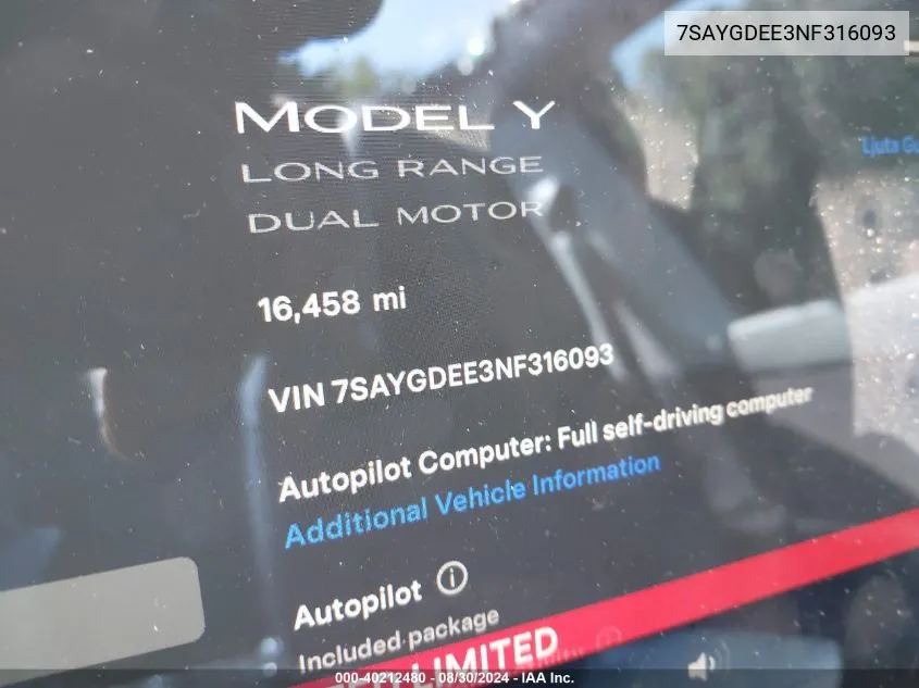 2022 Tesla Model Y Long Range Dual Motor All-Wheel Drive VIN: 7SAYGDEE3NF316093 Lot: 40212480