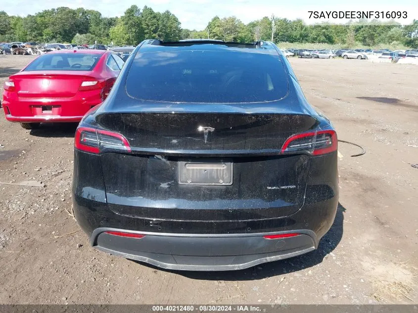 2022 Tesla Model Y Long Range Dual Motor All-Wheel Drive VIN: 7SAYGDEE3NF316093 Lot: 40212480