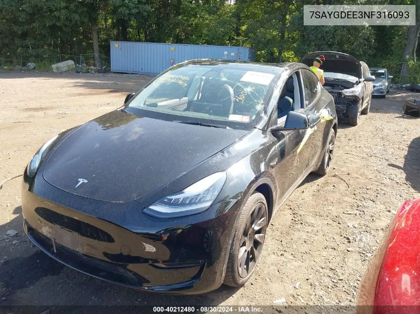 2022 Tesla Model Y Long Range Dual Motor All-Wheel Drive VIN: 7SAYGDEE3NF316093 Lot: 40212480