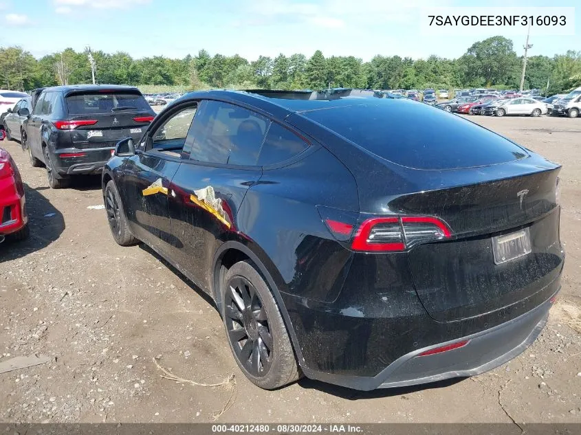 2022 Tesla Model Y Long Range Dual Motor All-Wheel Drive VIN: 7SAYGDEE3NF316093 Lot: 40212480