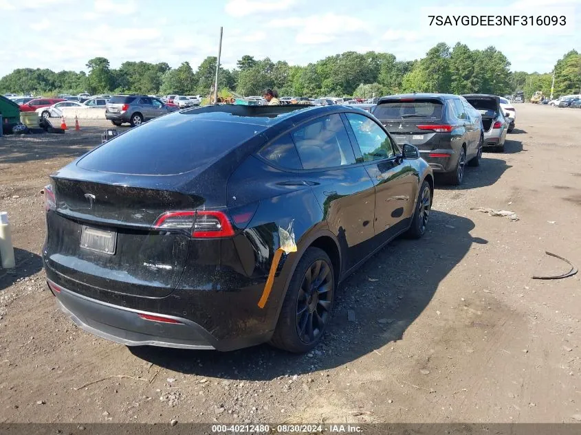 2022 Tesla Model Y Long Range Dual Motor All-Wheel Drive VIN: 7SAYGDEE3NF316093 Lot: 40212480