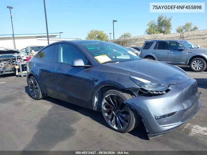 2022 Tesla Model Y Performance Dual Motor All-Wheel Drive VIN: 7SAYGDEF4NF455898 Lot: 40213427