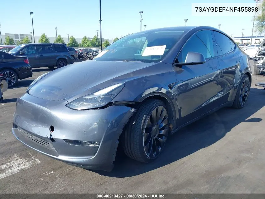 2022 Tesla Model Y Performance Dual Motor All-Wheel Drive VIN: 7SAYGDEF4NF455898 Lot: 40213427