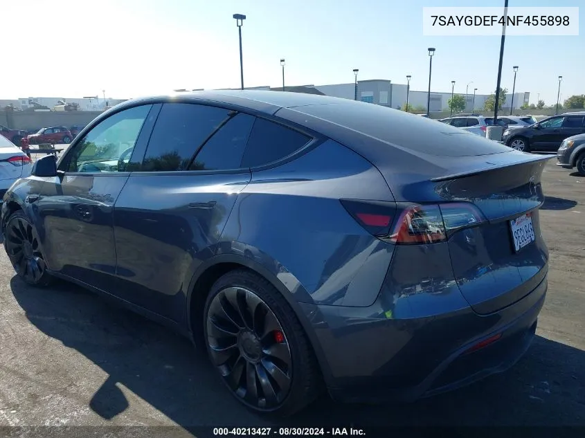 2022 Tesla Model Y Performance Dual Motor All-Wheel Drive VIN: 7SAYGDEF4NF455898 Lot: 40213427