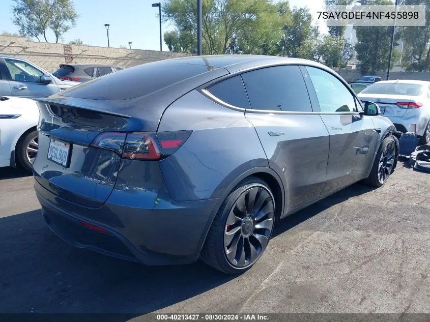 2022 Tesla Model Y Performance Dual Motor All-Wheel Drive VIN: 7SAYGDEF4NF455898 Lot: 40213427