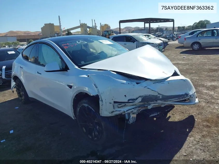 2022 Tesla Model Y Long Range Dual Motor All-Wheel Drive VIN: 7SAYGDEE8NF363362 Lot: 40214347