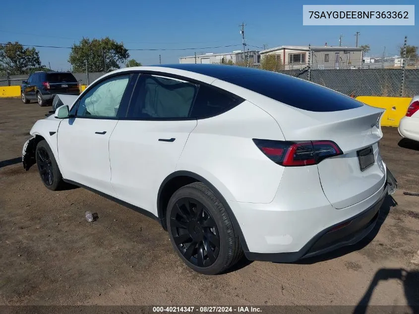 2022 Tesla Model Y Long Range Dual Motor All-Wheel Drive VIN: 7SAYGDEE8NF363362 Lot: 40214347