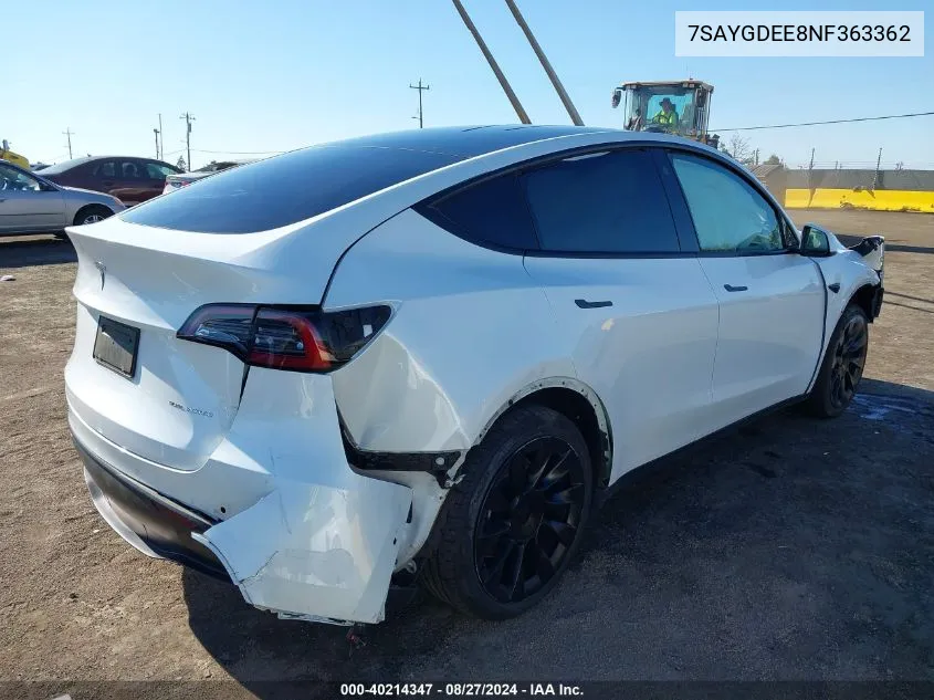 2022 Tesla Model Y Long Range Dual Motor All-Wheel Drive VIN: 7SAYGDEE8NF363362 Lot: 40214347