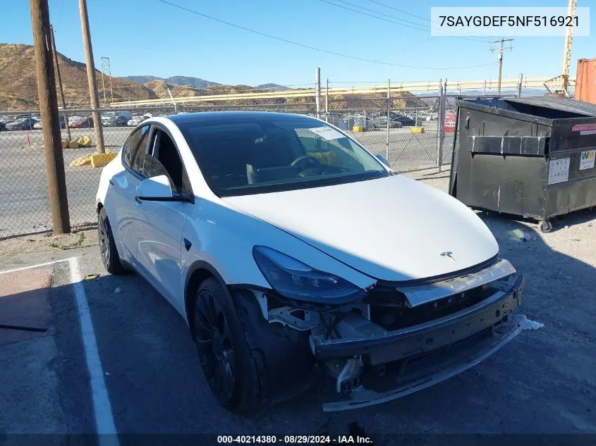 2022 Tesla Model Y Performance Dual Motor All-Wheel Drive VIN: 7SAYGDEF5NF516921 Lot: 40214380