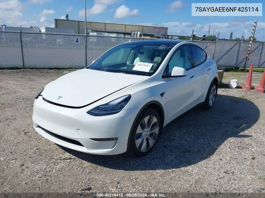 2022 Tesla Model Y Long Range Dual Motor All-Wheel Drive VIN: 7SAYGAEE6NF425114 Lot: 40219412