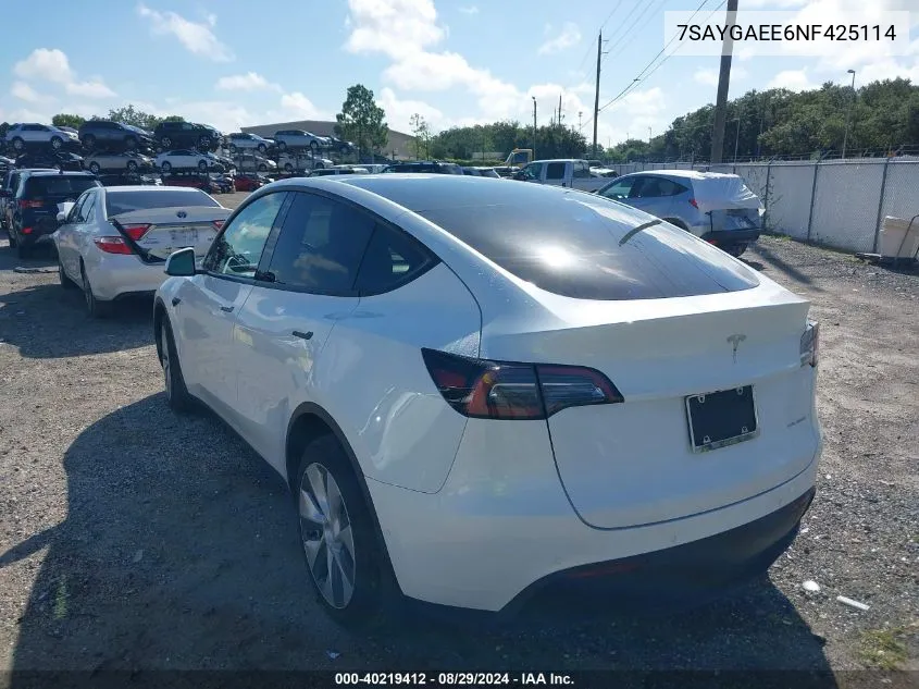 2022 Tesla Model Y Long Range Dual Motor All-Wheel Drive VIN: 7SAYGAEE6NF425114 Lot: 40219412