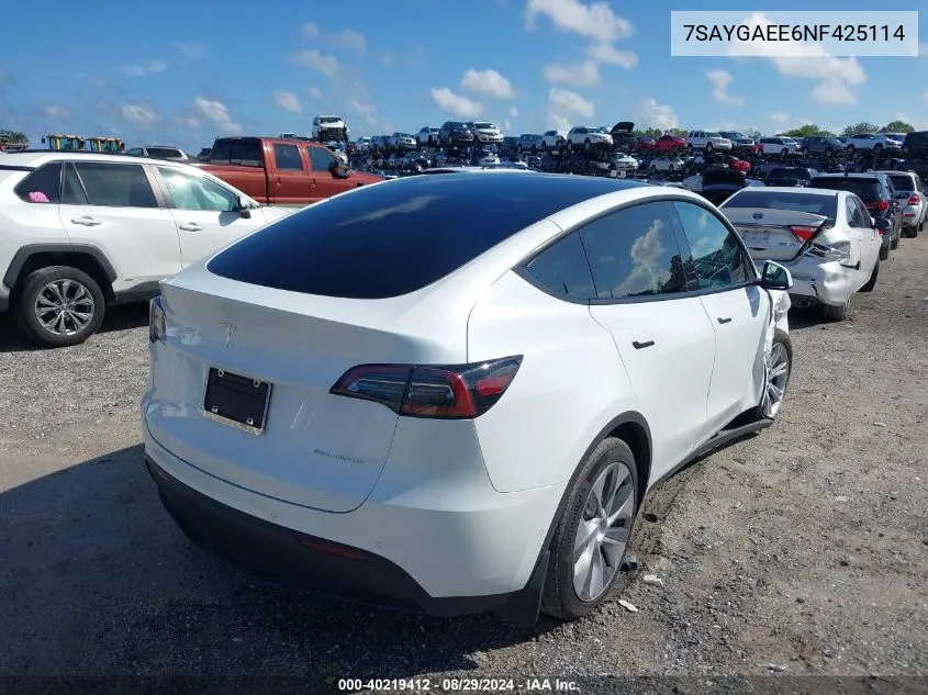 2022 Tesla Model Y Long Range Dual Motor All-Wheel Drive VIN: 7SAYGAEE6NF425114 Lot: 40219412