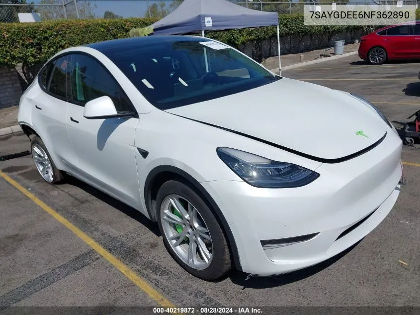 2022 Tesla Model Y Long Range Dual Motor All-Wheel Drive VIN: 7SAYGDEE6NF362890 Lot: 40219872