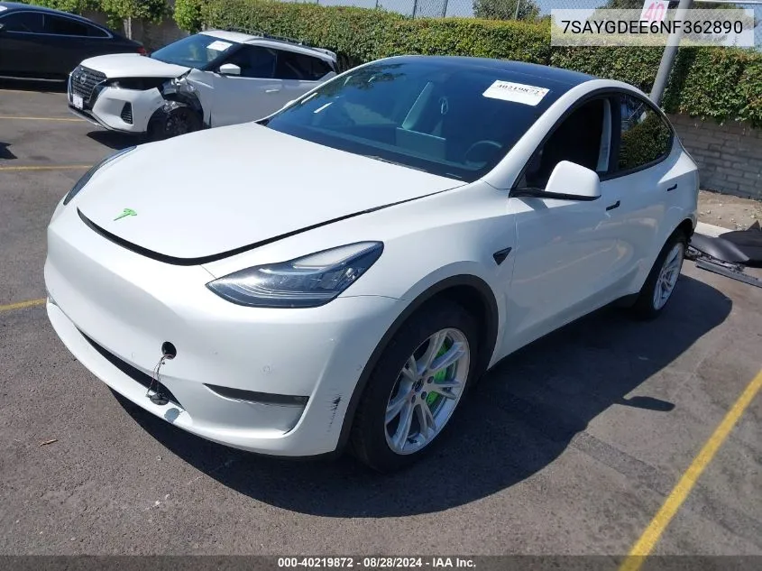 2022 Tesla Model Y Long Range Dual Motor All-Wheel Drive VIN: 7SAYGDEE6NF362890 Lot: 40219872