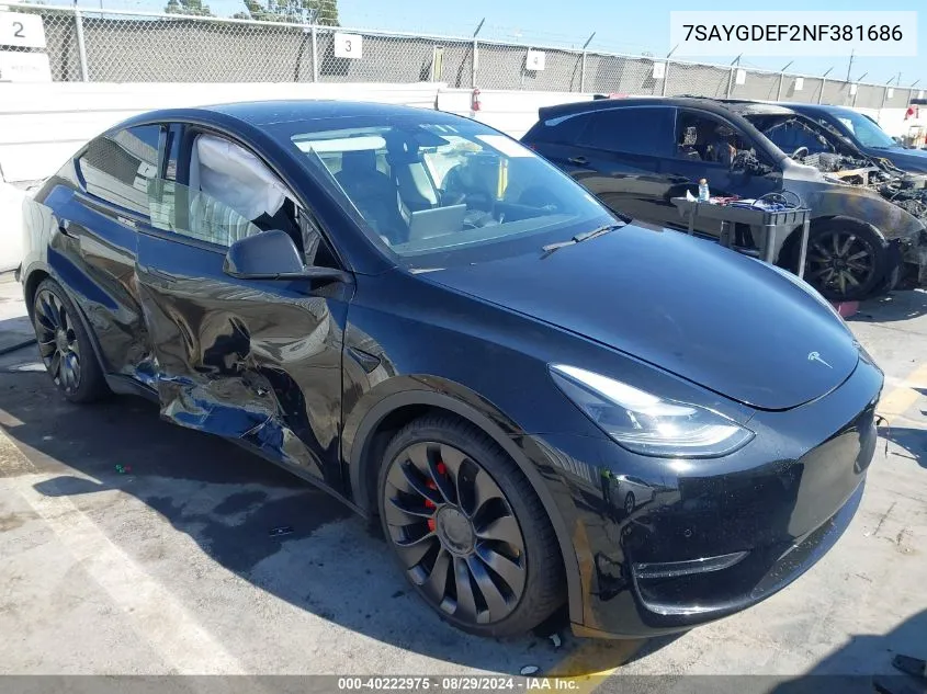 2022 Tesla Model Y Performance Dual Motor All-Wheel Drive VIN: 7SAYGDEF2NF381686 Lot: 40222975