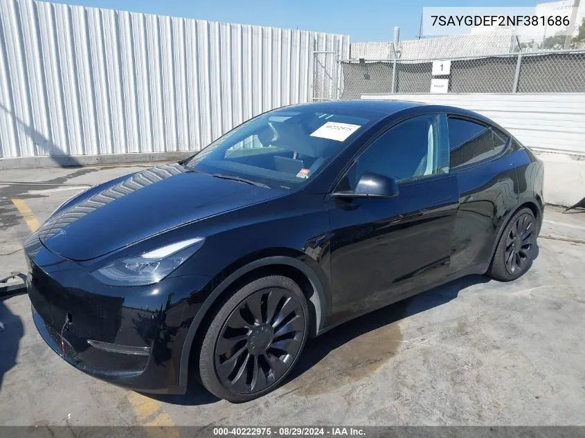 2022 Tesla Model Y Performance Dual Motor All-Wheel Drive VIN: 7SAYGDEF2NF381686 Lot: 40222975