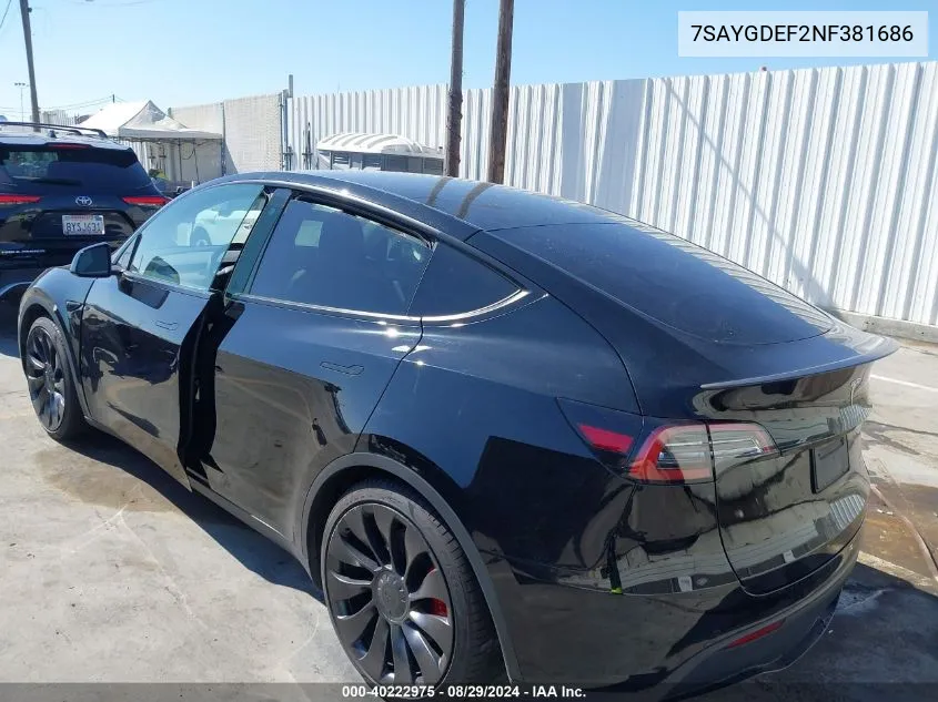 2022 Tesla Model Y Performance Dual Motor All-Wheel Drive VIN: 7SAYGDEF2NF381686 Lot: 40222975