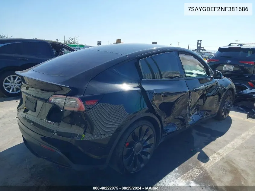 2022 Tesla Model Y Performance Dual Motor All-Wheel Drive VIN: 7SAYGDEF2NF381686 Lot: 40222975