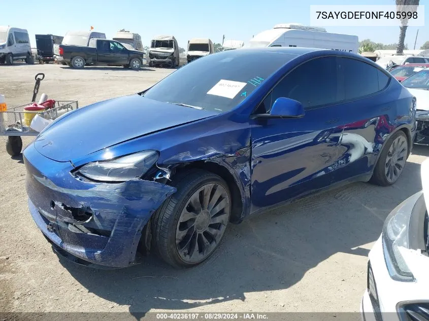 2022 Tesla Model Y Performance Dual Motor All-Wheel Drive VIN: 7SAYGDEF0NF405998 Lot: 40236197