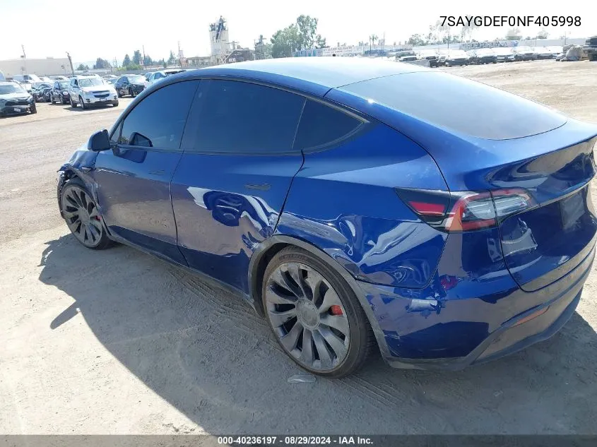 2022 Tesla Model Y Performance Dual Motor All-Wheel Drive VIN: 7SAYGDEF0NF405998 Lot: 40236197