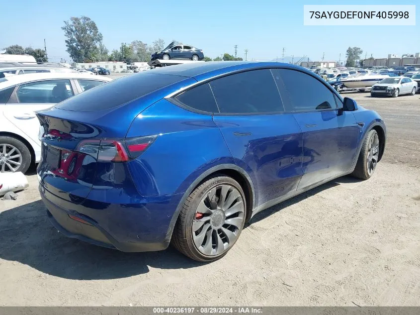 2022 Tesla Model Y Performance Dual Motor All-Wheel Drive VIN: 7SAYGDEF0NF405998 Lot: 40236197