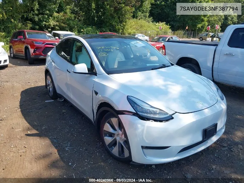 2022 Tesla Model Y Long Range Dual Motor All-Wheel Drive VIN: 7SAYGDEE3NF387794 Lot: 40240966