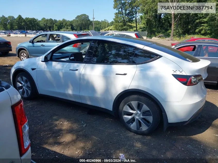 2022 Tesla Model Y Long Range Dual Motor All-Wheel Drive VIN: 7SAYGDEE3NF387794 Lot: 40240966