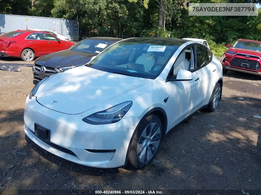 2022 Tesla Model Y Long Range Dual Motor All-Wheel Drive VIN: 7SAYGDEE3NF387794 Lot: 40240966