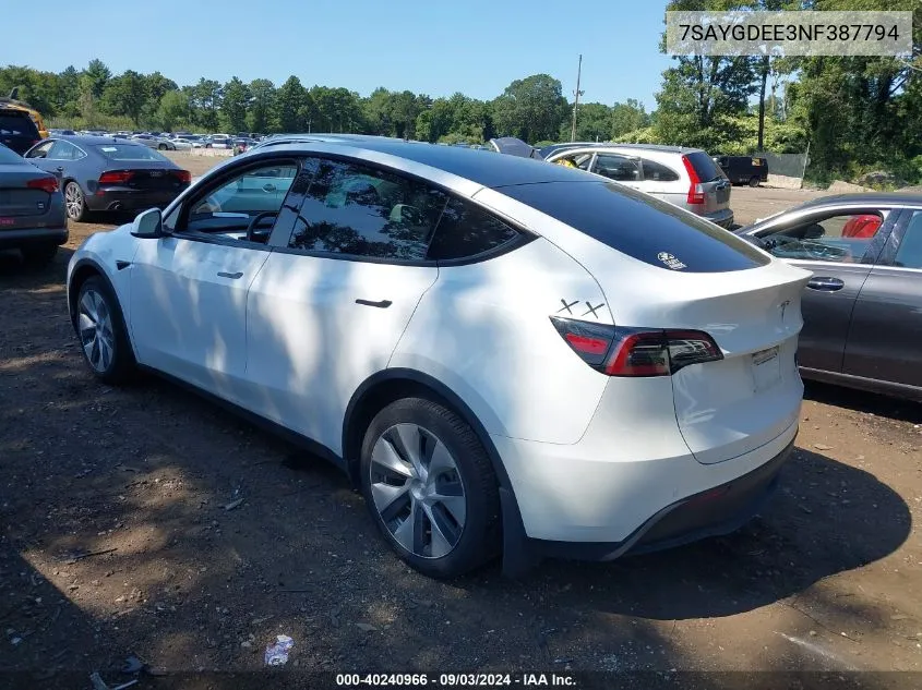 2022 Tesla Model Y Long Range Dual Motor All-Wheel Drive VIN: 7SAYGDEE3NF387794 Lot: 40240966