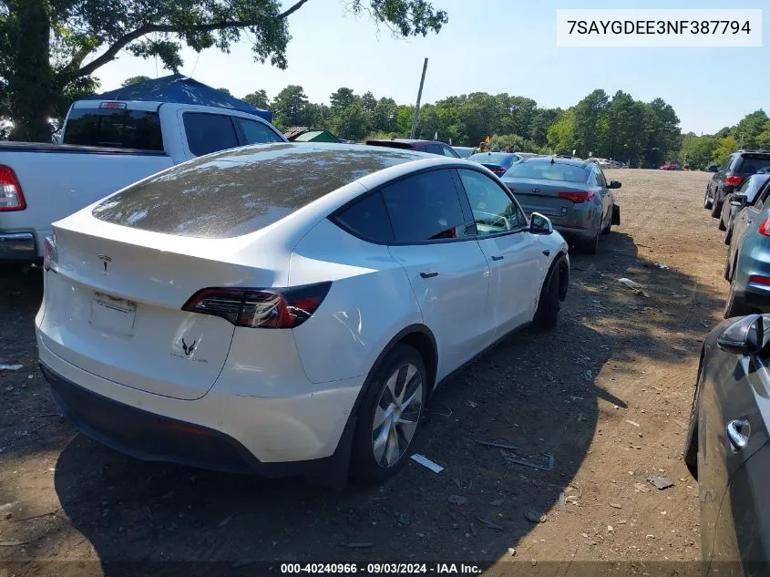 2022 Tesla Model Y Long Range Dual Motor All-Wheel Drive VIN: 7SAYGDEE3NF387794 Lot: 40240966