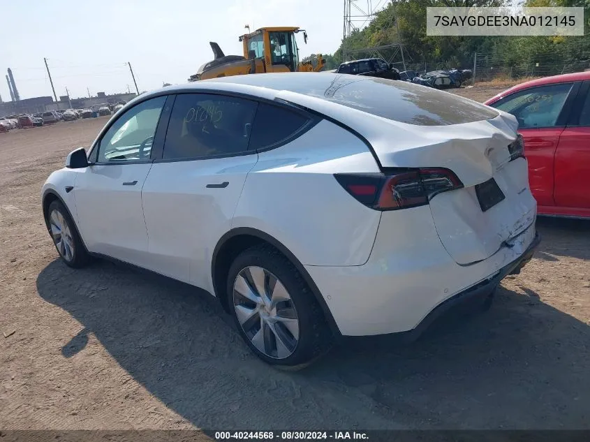 2022 Tesla Model Y Long Range Dual Motor All-Wheel Drive VIN: 7SAYGDEE3NA012145 Lot: 40244568