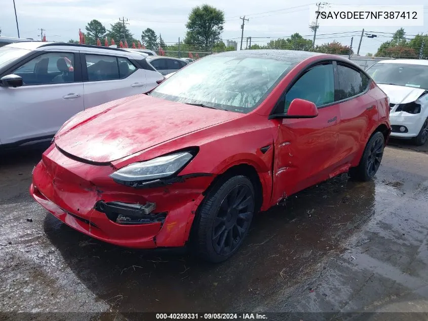 2022 Tesla Model Y VIN: 7SAYGDEE7NF387412 Lot: 40259331