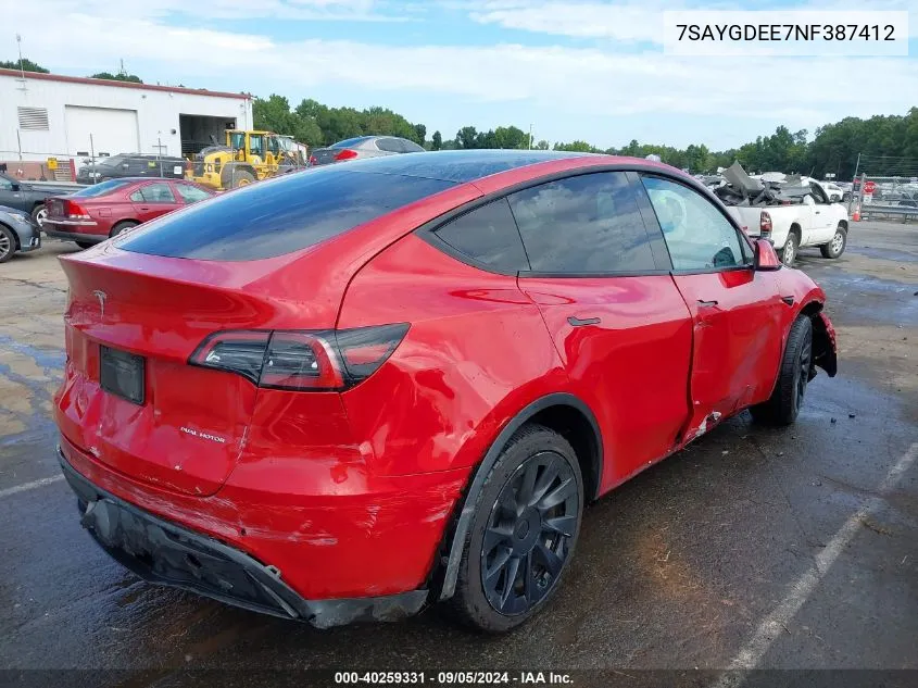 2022 Tesla Model Y VIN: 7SAYGDEE7NF387412 Lot: 40259331