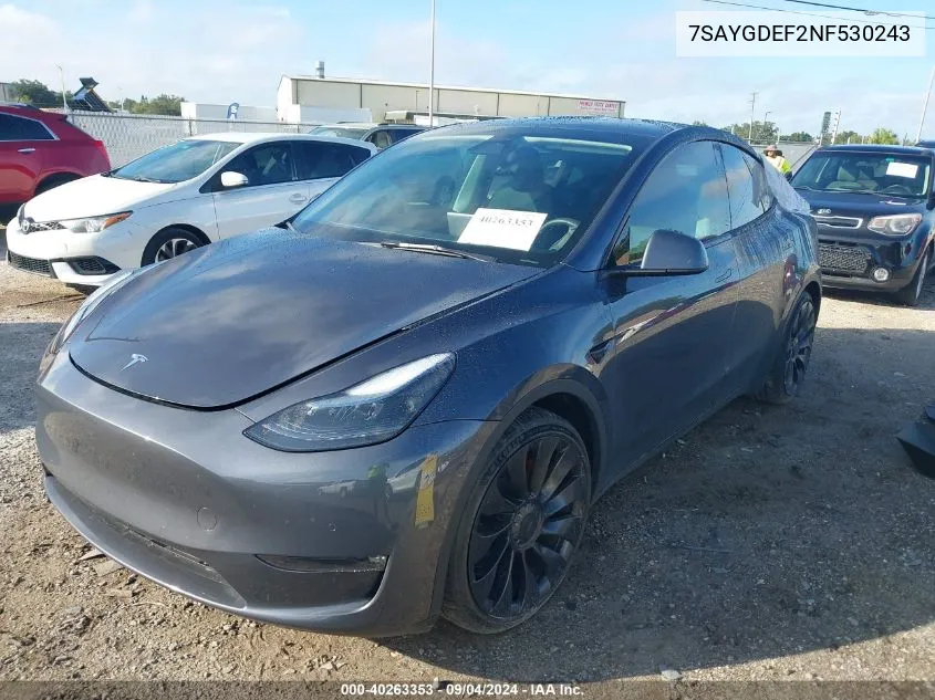 2022 Tesla Model Y Performance Dual Motor All-Wheel Drive VIN: 7SAYGDEF2NF530243 Lot: 40263353