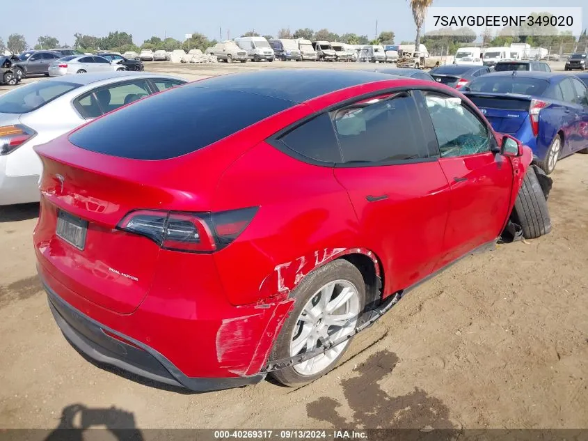 2022 Tesla Model Y VIN: 7SAYGDEE9NF349020 Lot: 40269317