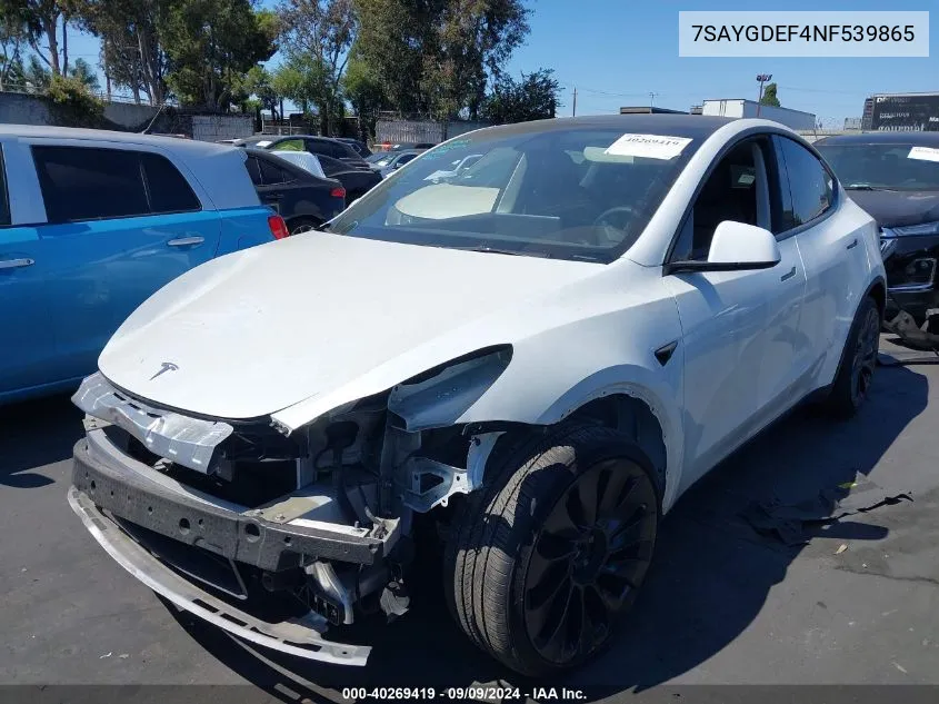 2022 Tesla Model Y Performance Dual Motor All-Wheel Drive VIN: 7SAYGDEF4NF539865 Lot: 40269419