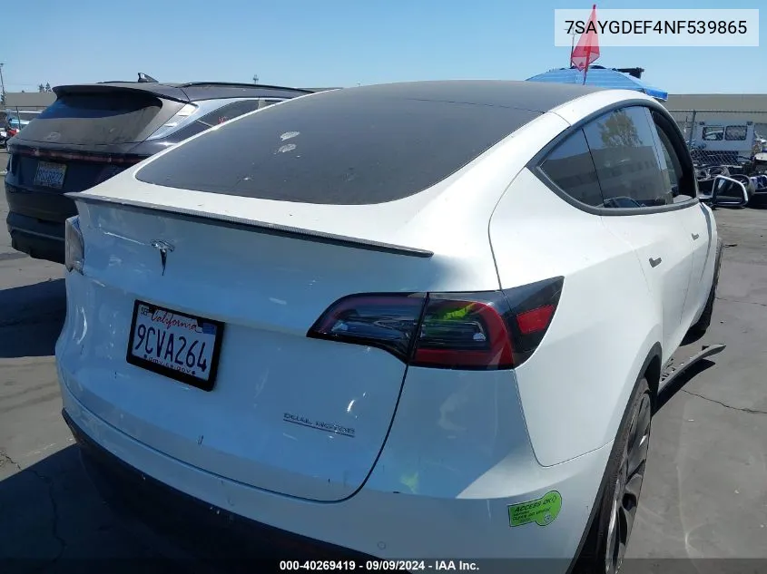 2022 Tesla Model Y Performance Dual Motor All-Wheel Drive VIN: 7SAYGDEF4NF539865 Lot: 40269419