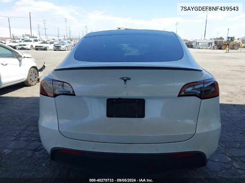 2022 Tesla Model Y VIN: 7SAYGDEF8NF439543 Lot: 40270733