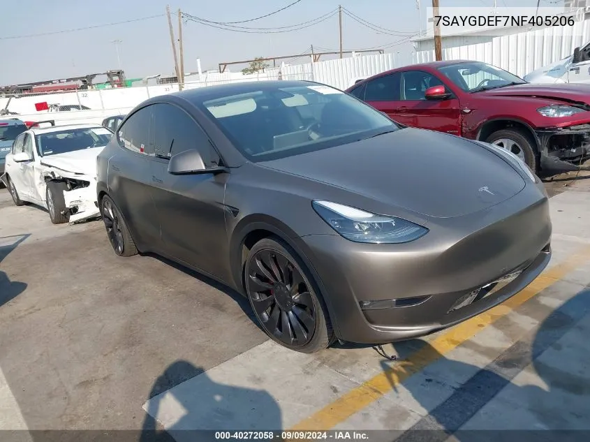 2022 Tesla Model Y Performance Dual Motor All-Wheel Drive VIN: 7SAYGDEF7NF405206 Lot: 40272058