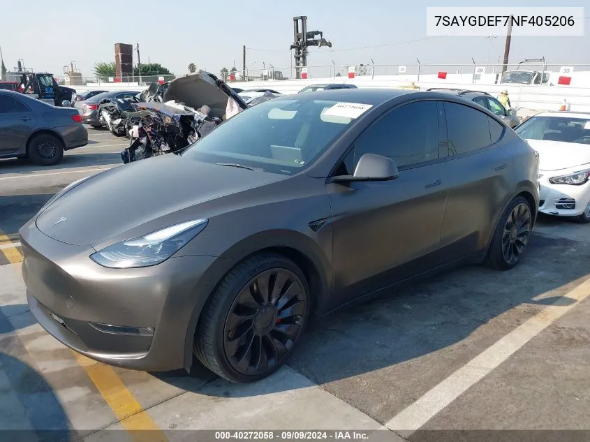 2022 Tesla Model Y Performance Dual Motor All-Wheel Drive VIN: 7SAYGDEF7NF405206 Lot: 40272058