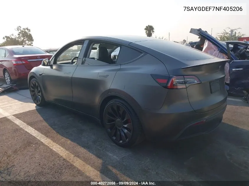 2022 Tesla Model Y Performance Dual Motor All-Wheel Drive VIN: 7SAYGDEF7NF405206 Lot: 40272058