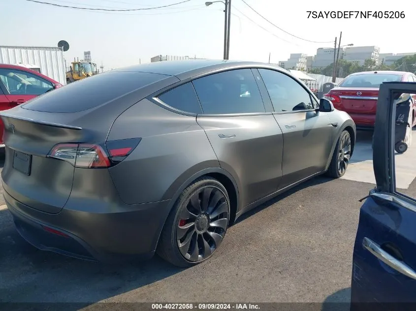 2022 Tesla Model Y Performance Dual Motor All-Wheel Drive VIN: 7SAYGDEF7NF405206 Lot: 40272058