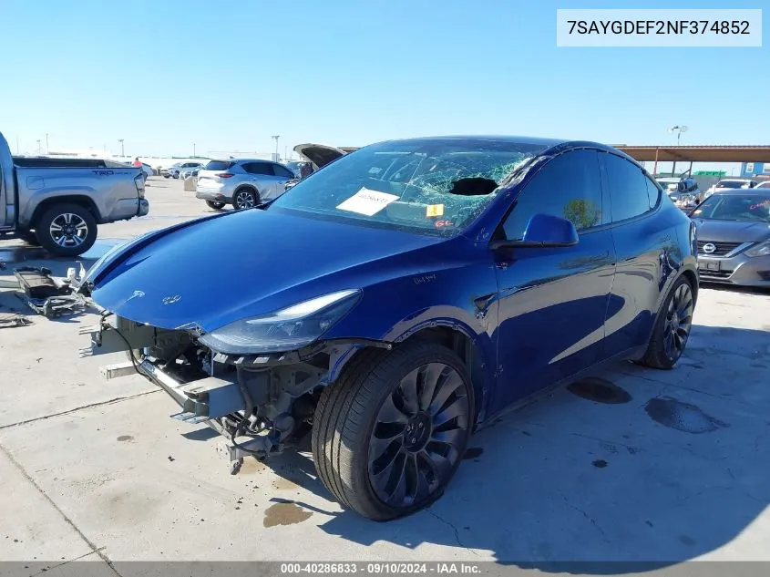 2022 Tesla Model Y Performance Dual Motor All-Wheel Drive VIN: 7SAYGDEF2NF374852 Lot: 40286833