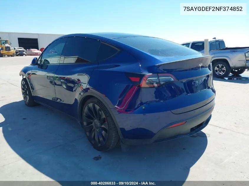 2022 Tesla Model Y Performance Dual Motor All-Wheel Drive VIN: 7SAYGDEF2NF374852 Lot: 40286833