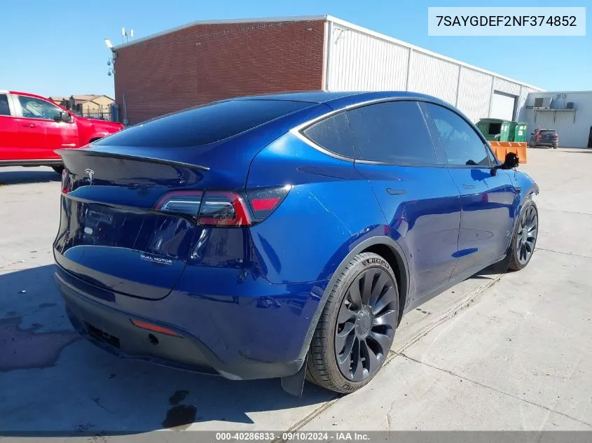 2022 Tesla Model Y Performance Dual Motor All-Wheel Drive VIN: 7SAYGDEF2NF374852 Lot: 40286833