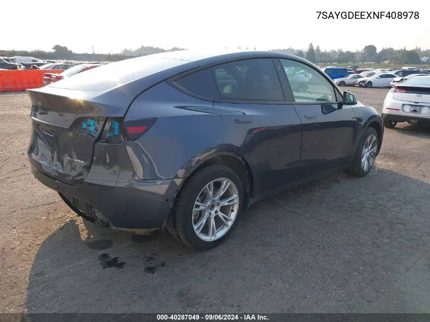 2022 Tesla Model Y Long Range Dual Motor All-Wheel Drive VIN: 7SAYGDEEXNF408978 Lot: 40287049